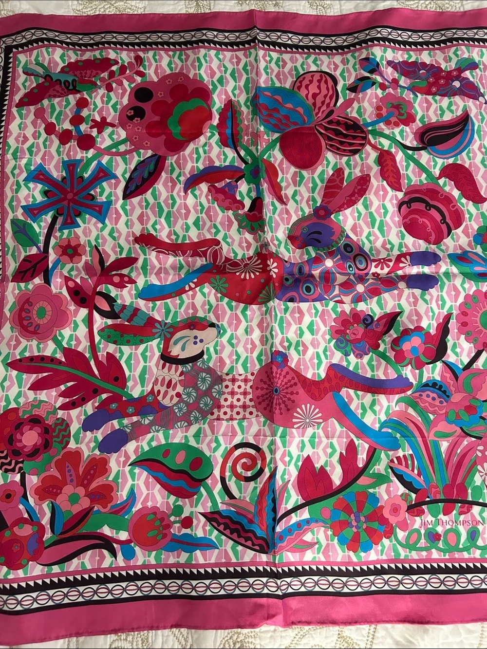 Vintage JimThompson Pink Silk Scarf Multicolor Botanical Square Scarf